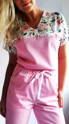 Bluza medyczna damska taliowana wstawka róże delikatne kolor różowy EFIMED