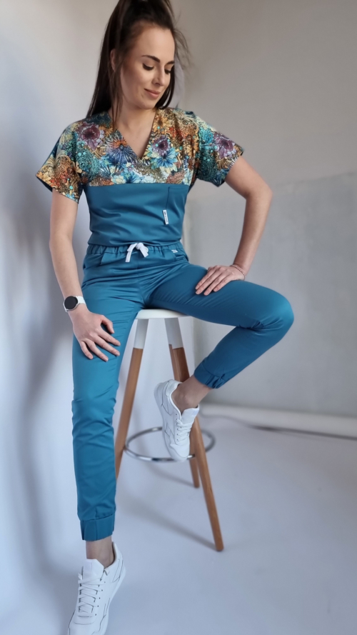 Bluza medyczna damska taliowana wzór wstawka abstrakcja kolor morski BAWEŁNA PREMIUM EFIMED