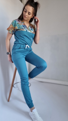 Komplet medyczny damski SCRUBS Bluza abstrakcja +Joggery kolor morski