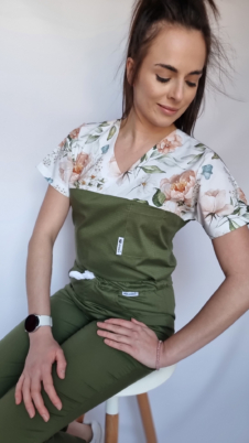 Bluza medyczna damska taliowana super oddychająca wstawka floksy kolor khaki nitka węglowa EFIMED