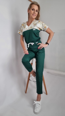 Komplet medyczny damski SCRUBS Bluza stokrotki + cygaretki SLIM kolor butelkowa zieleń WISKOZA