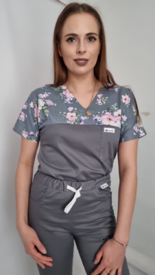 Bluza medyczna damska taliowana wzór wstawka kwiaty różowe kolor grafit EFIMED SNC