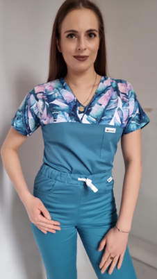 Bluza medyczna damska taliowana wzór wstawka lazurowe liście kolor morski BAWEŁNA PREMIUM EFIMED