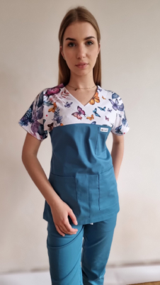Bluza medyczna damska taliowana wzór wstawka motyle kolor morski BAWEŁNA PREMIUM EFIMED