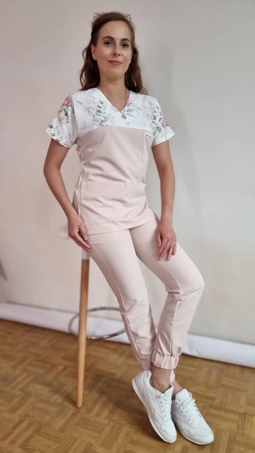 Bluza medyczna damska taliowana wzór wstawka ROSE kolor BLUSH PINK WISKOZA EXTRA PREMIUM EFIMED