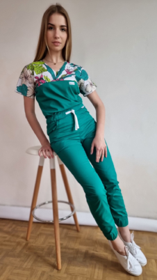 Komplet medyczny damski SCRUBS Bluza kwiaty kolorowe + joggery kolor zielony EFIMED