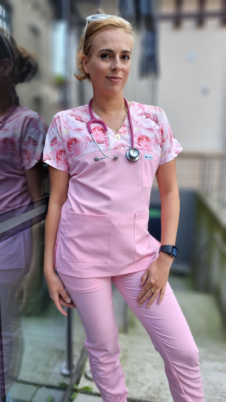 Bluza medyczna damska taliowana wzór wstawka PINK ROSE kolor PINK WISKOZA EXTRA PREMIUM EFIMED