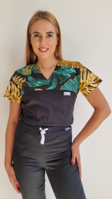 Bluza medyczna damska taliowana wzór wstawka gold monstera kolor czarny SNC EFIMED