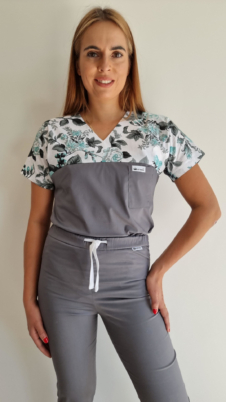 Bluza medyczna damska taliowana wzór wstawka szare róże kolor grafit SNC EFIMED