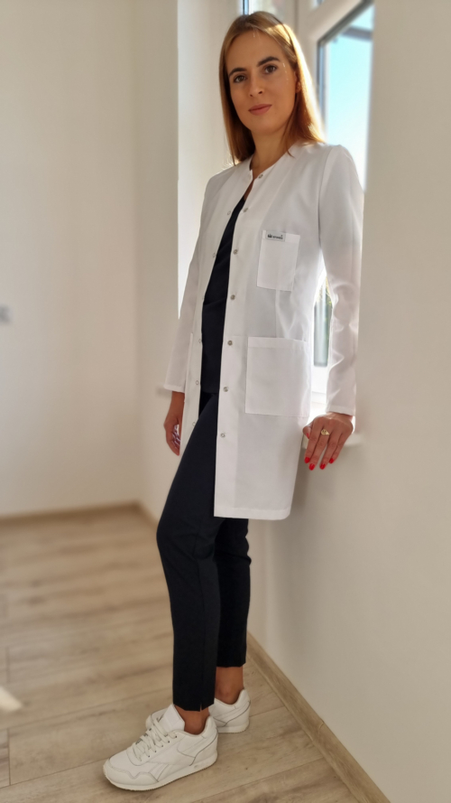 Fartuch medyczny damski, długi rękaw, taliowany jednokolorowy kolor biały SNC EFIMED