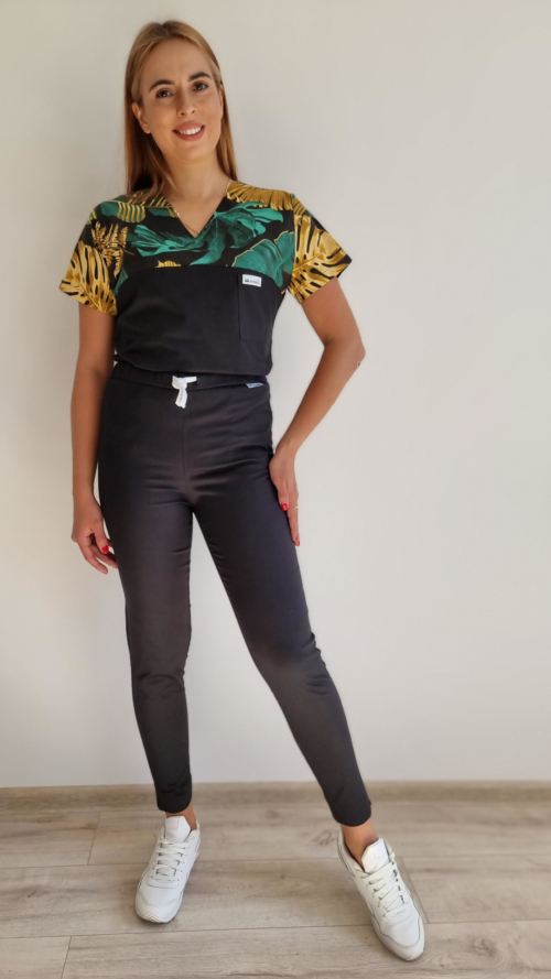 Komplet medyczny damski SCRUBS Bluza GOLD MONSTERA + cygaretki SLIM kolor czarny EFIMED
