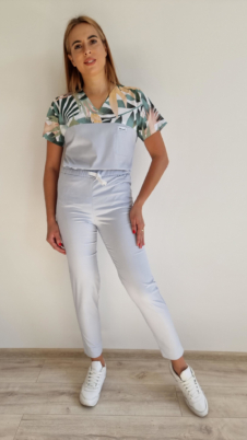 Komplet medyczny damski SCRUBS Bluzy LIŚCIE PALMOWE + cygaretki SLIM kolor gołąbkowy EFIMED