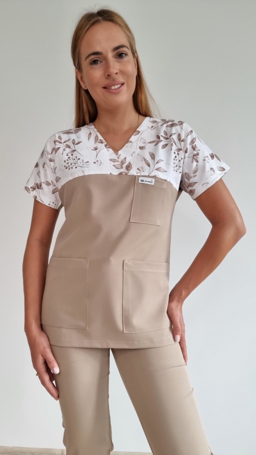 Bluza medyczna damska taliowana wzór wstawka listki brązowe kolor TOFFI WISKOZA EXTRA PREMIUM EFIMED