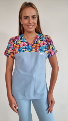 Bluza medyczna damska taliowana wzór wstawka BRATKI kolor SKY BLUE WISKOZA EXTRA PREMIUM EFIMED
