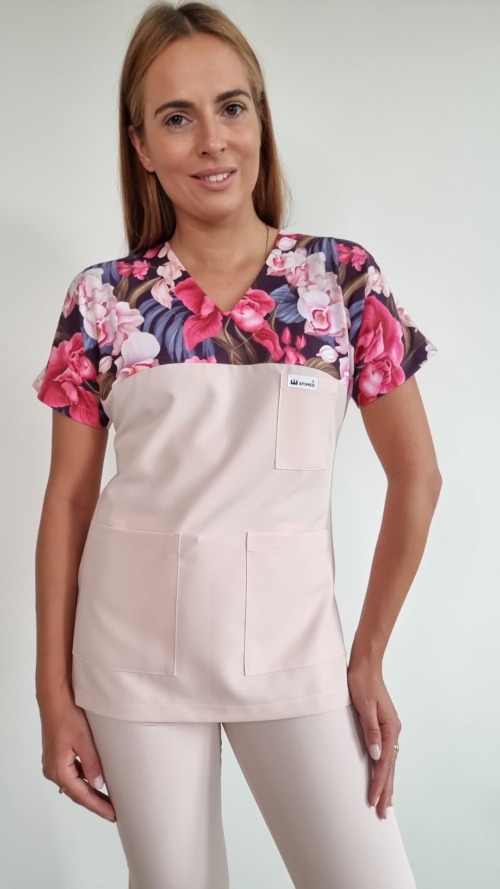 Bluza medyczna damska taliowana wzór wstawka ORCHIDEA kolor BLUSH PINK WISKOZA EXTRA PREMIUM EFIMED