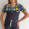 Bluza medyczna damska taliowana wzór wstawka FROG kolor CZARNY BAWEŁNA PREMIUM EFIMED