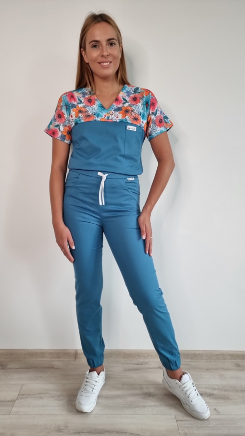Bluza medyczna damska taliowana wzór wstawka kwiaty malowane kolor MORSKI BAWEŁNA PREMIUM EFIMED