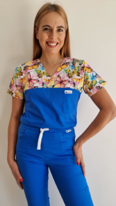 Bluza medyczna damska taliowana wzór wstawka motyle kolor szafir SNC EFIMED