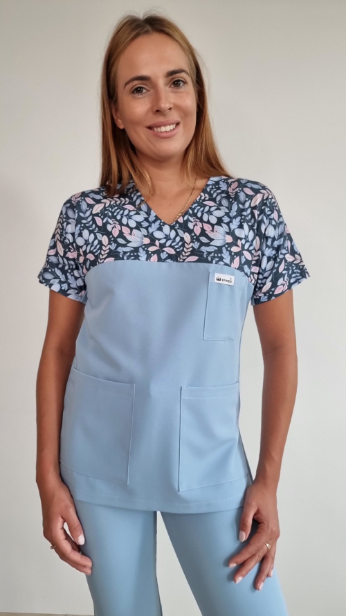 Bluza medyczna damska taliowana wzór wstawka niebieska jarzębina kolor SKY BLUE WISKOZA EXTRA PREMIUM