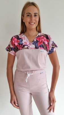 Bluza medyczna damska taliowana wzór wstawka ORCHIDEA kolor PUDROWY RÓŻ BAWEŁNA PREMIUM EFIMED