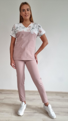 Komplet medyczny damski SCRUBS Bluza delikatne róże + cygaretki z kieszeniami SLIM kolor BABY PINK WISKOZA EXTRA PREMIUM EFIMED
