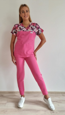 Komplet medyczny damski SCRUBS Bluza LILY + cygaretki z kieszeniami SLIM kolor HOT PINK WISKOZA EXTRA PREMIUM EFIMED