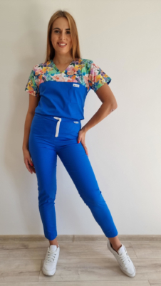 Komplet medyczny damski SCRUBS Bluza kwiaty kolorowe + cygaretki SLIM kolor szafir EFIMED