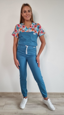 Komplet medyczny damski SCRUBS Bluza KWIATY MALOWANE + Joggery kolor MORSKI BAWEŁNA PREMIUM EFIMED
