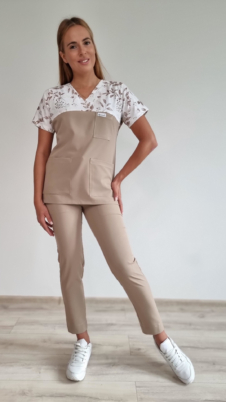 Komplet medyczny damski SCRUBS Bluza listki brązowe + cygaretki z kieszeniami SLIM kolor TOFFI WISKOZA EXTRA PREMIUM EFIMED