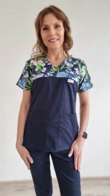 Bluza medyczna damska taliowana wzór wstawka hortensja kolor granat SNC EFIMED