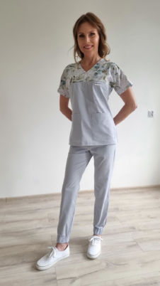Komplet medyczny damski SCRUBS Bluza listki eucaliptusu + joggery kolor gołąbkowy EFIMED