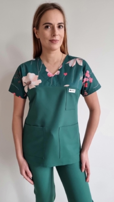 Bluza medyczna damska wstawka kwiaty zielone kolor DARK GREEN BASIC EFIMED