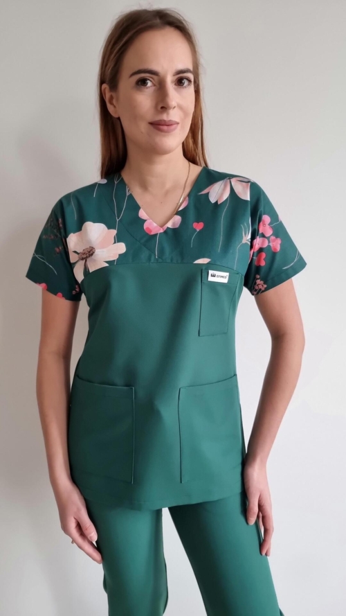 Bluza medyczna damska wstawka kwiaty zielone kolor DARK GREEN BASIC EFIMED