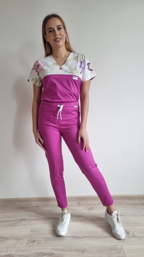 Bluza medyczna damska wstawka różany ogród kolor magenta SNC EFIMED