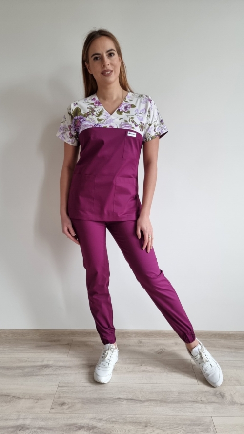 Bluza medyczna damska wstawka róże fioletowe kolor bakłażan SNC EFIMED