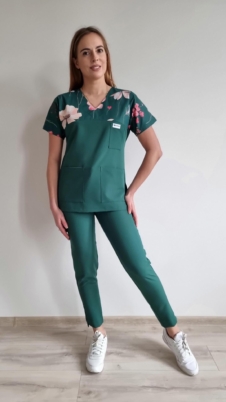 Komplet medyczny damski SCRUBS Bluza kwiaty zielone + cygaretki kolor DARK GREEN BASIC EFIMED