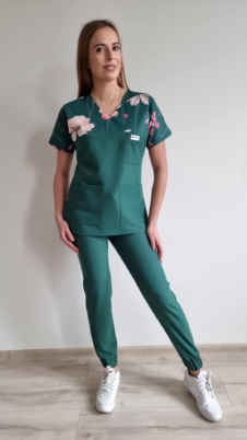 Komplet medyczny damski SCRUBS Bluza kwiaty zielone + Jogger kolor Dark Green BASIC EFIMED