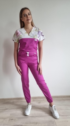 Komplet medyczny damski SCRUBS Bluza różany ogród + Jogger kolor magenta SNC EFIMED