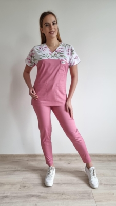 Komplet medyczny damski SCRUBS Bluza różyczki + cygaretki kolor różowy SNC EFIMED
