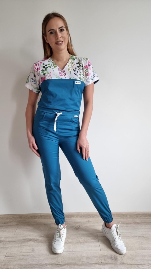 Komplet medyczny damski SCRUBS Bluza wiosenna łączka + Jogger kolor morski SNC EFIMED