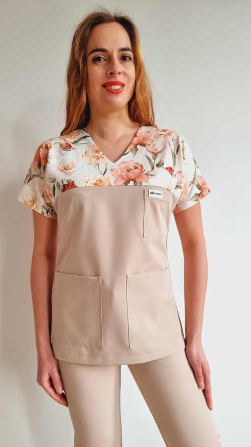 Bluza medyczna damska wstawka kwiaty nude kolor NUDE BASIC EFIMED