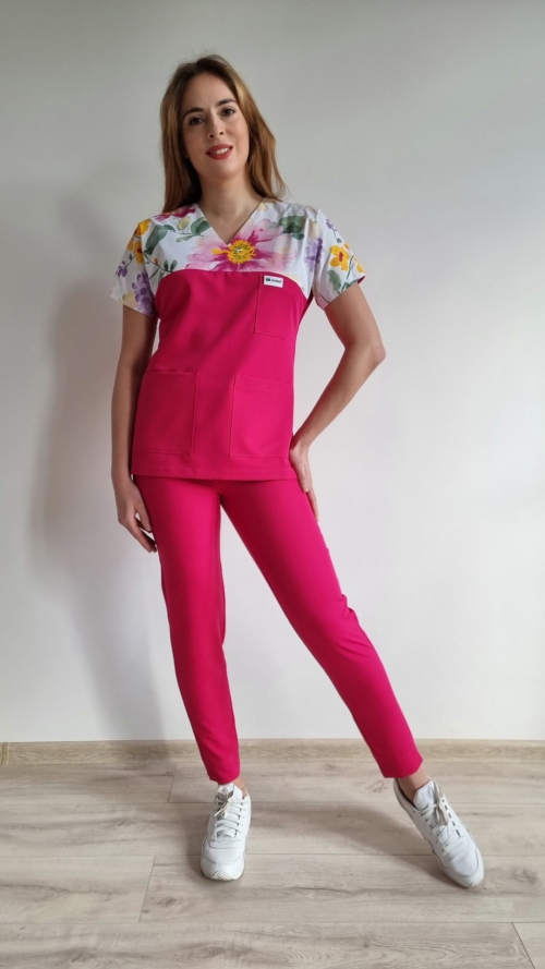 Bluza medyczna damska wstawka kwiaty letnie kolor AMARANT BASIC EFIMED