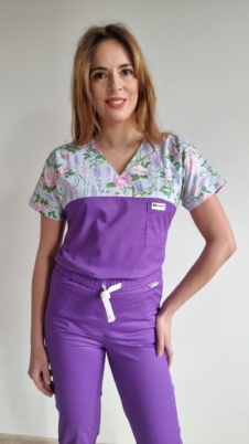 Bluza medyczna damska wstawka szare różyczki kolor DARK LILAC SNC EFIMED