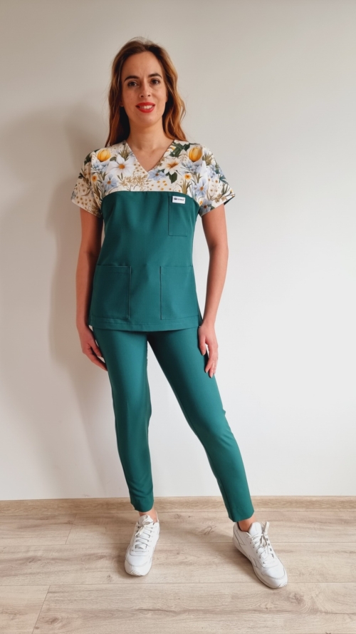 Bluza medyczna damska wstawka wiosenny rozkwit kolor DARK GREEN BASIC EFIMED