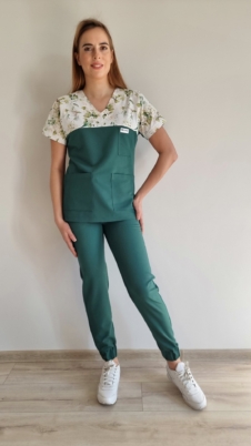Komplet medyczny damski SCRUBS Bluza GREEN FLOWERS + Jogger kolor DARK GREEN BASIC EFIMED