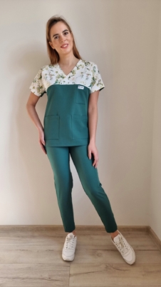 Komplet medyczny damski SCRUBS Bluza GREEN FLOWERS + cygaretki kolor DARK GREEN BASIC EFIMED
