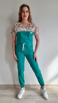 Komplet medyczny damski SCRUBS Bluza kolorowa łączka + Jogger kolor ZIELEŃ SNC EFIMED