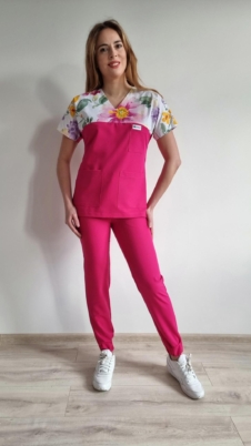 Komplet medyczny damski SCRUBS Bluza kwiaty letnie + Jogger kolor AMARANT BASIC EFIMED