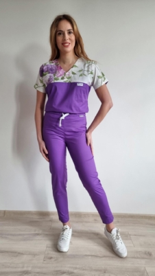 Komplet medyczny damski SCRUBS Bluza fioletowe róże + cygaretki kolor DARK LILAC SNC EFIMED
