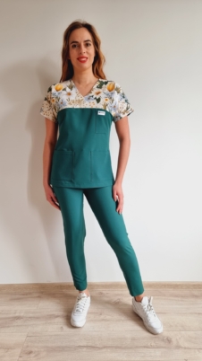 Komplet medyczny damski SCRUBS Bluza wiosenny rozkwit + cygaretki kolor DARK GREEN BASIC EFIMED